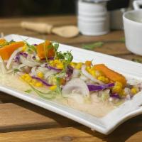 Ceviche  · FISH AND SHRIMP CEVICHE MARINATED IN LEMON WITH AVOCADO, CORN AND LECHE DE TIGRE 
SERVED  WI...