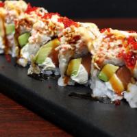 Fantasy Special Raw Roll · Smoked salmon, cream cheese, avocado topped with crab salad, spicy mayo, eel sauce, and fish...