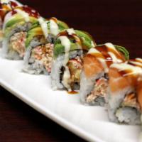 Sunny Side Up Special Raw Roll · Crab salad and tempura flakes topped with salmon, tuna, avocado, wasabi mayo, and eel sauce.