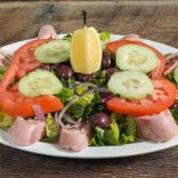 Antipasto Salad · Lettuce, tomatoes, cucumbers, onions, olives, salami, capicola, ham, Provolone cheese.