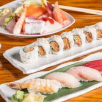 12 Pieces Sushi Sashimi Regular Combo · Assorted sashimi, five pieces of nigiri and spicy tuna roll.