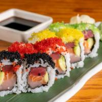 Oceans 11 Roll · Tuna, salmon, yellowtail, avocado and wasabi topped with assorted fish roe.