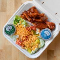Wings With Salad · Onion, pickle, banana pepper, bell pepper, tomato, cucumber and cheese.