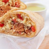 Wrap - Beyond · Beyond meat (plant-based), Caramelized onions, Jack cheese, Pico de gallo, Quinoa or Rice an...
