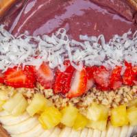 Sproutz Acai Bowl · Organic Brazilian Acai topped w/ banana, strawberry, pineapple, coconut flakes granola & hon...