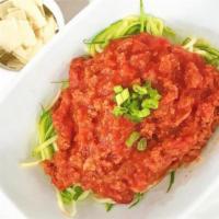 Zucchini Pasta · Hand-grated fresh zucchini w/homemade tomato sauce or plant-based bolognese (Beyond Meat.) S...