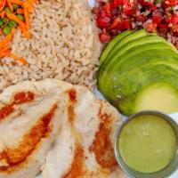 Plate - Chicken · Grilled chicken breast served with brown spring rice, avocado & pico de gallo OR homemade gu...