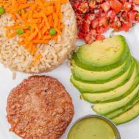Plate - Beyond Burger · Beyond Burger (plant-based) served with tuna salad served with brown spring rice, avocado & ...