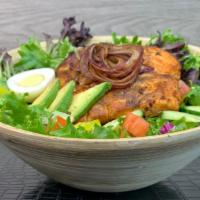 Grilled Salmon Salad · Mixed greens, sweet peppers, cucumbers, tomatoes, onions, and boiled egg or avocado. Served ...