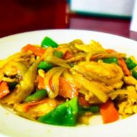 Curry Chicken · Served with white rice.