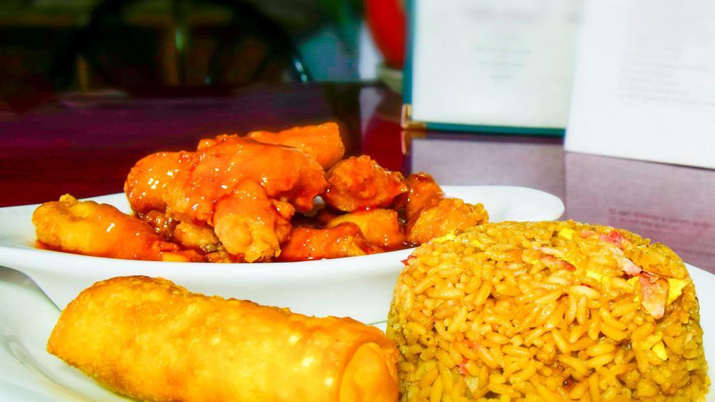 Sweet And Sour Chicken Combo Special · Served with pork fried rice, wonton or egg drop soup, and an egg roll. For chicken or vegetables fried rice or special for an additional charge.