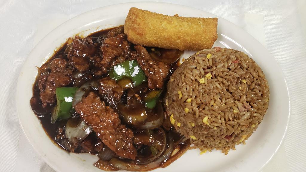 Pepper Steak Combo Special · Served with pork fried rice, wonton or egg drop soup, and an egg roll. For chicken or vegetables fried rice or special for an additional charge.