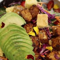 Spicy Tempeh & Cornbread Salad (Gf) · Spicy. Mesclun greens, tomatoes, shredded
carrots and purple cabbage, avocado,
spicy tempeh,...
