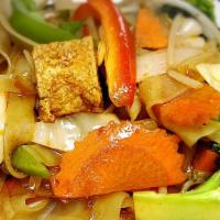Pad Khi Mao Noodles · Stir-fried rice noodles, bell peppers, cabbage, broccoli, carrots, onions and basil leaves i...