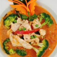 Panang Curry · Sweet panang curry coconut sauce bell peppers, carrots , green peas and broccoli. Served wit...