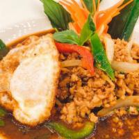 Thai Style Basil · Sautéed ground chicken, bell peppers, onions, basil leaves in a spicy Thai chili sauce. Serv...