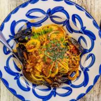 Seafood Pasta · Wild shrimps, black mussels, sea scallop, calamari, tomatoes sauce. Add lobster for an addit...