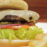 Cheese Burger  · Half pound sirloin burger topped with mozzarella cheese served with lettuce, tomato, red oni...