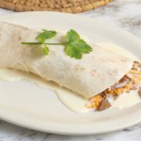 Burrito California · A flour tortilla filled with grilled steak, chicken, shrimp, beans and rice covered with Mel...