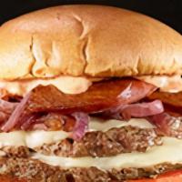 Messi Burger · A double stack of the finest beef, seasoned and seared medium well. Topped with provolone ch...