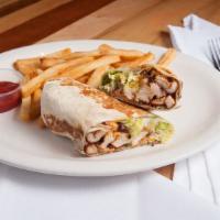 Texano Chicken Wrap · Grilled chicken, lettuce, bacon, avocado, monterrey jack cheese and chipotle mayo sauce. All...