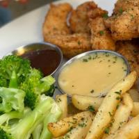 Hand-Breaded Chicken Tenders · Six fresh tenders, hand-battered, fried golden, honey mustard and barbecue sauces.
