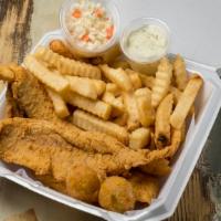 2 Pieces Whiting Fish Combo · with Cole Slaw, Hush Puppies,  French Fries and Drink
