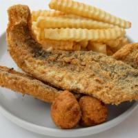 3 Pieces Whiting Fish Combo · with Cole Slaw, Hush Puppies,  French Fries and Drink