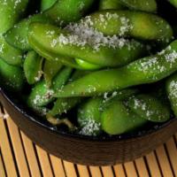 Edamame · Soy beans steamed in their pods.