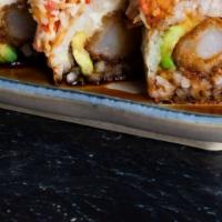 Ebiten Maki Roll · Shrimp tempura and avocado wrapped in the traditional rice and mame nori paper, topped with ...