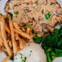 Pechuga Con Champinones · Grilled chicken breast (10 oz), topped with mushroom sauce. Served with white rice, French f...