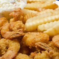 12 Piece Shrimp · Served with fries, slaw, and hush puppies