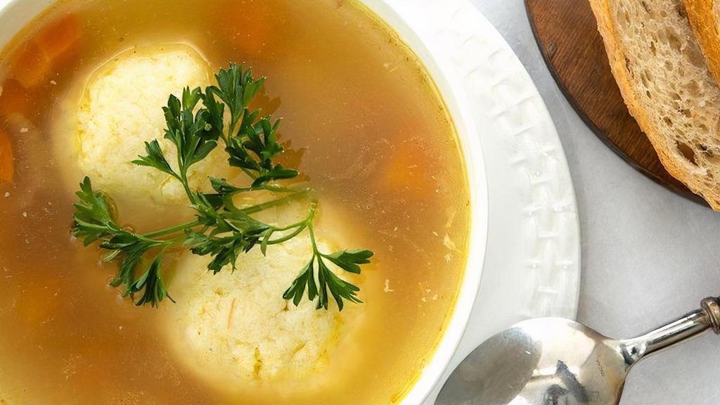 Matzo Ball Soup Pt/Qt · Our  famous chicken soup with homemade matzo ball, served with twice-baked rye bread or bagel chips.