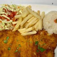 Milanesa De Pollo · Pounded chicken breast, lightly breaded and deep fried. Served with white rice, French fries...