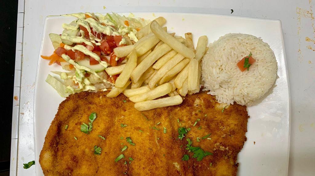 Milanesa De Pollo · Pounded chicken breast, lightly breaded and deep fried. Served with white rice, French fries and salad.