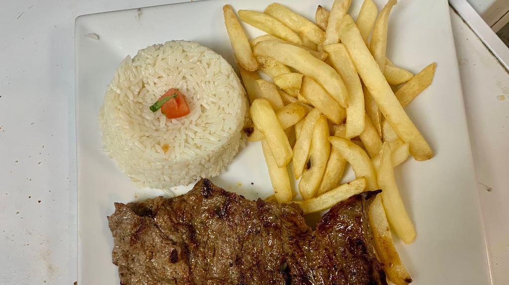 Carnita Asada · Grilled steak with choices of white rice, sweet plantains, French fries, beans or salad.