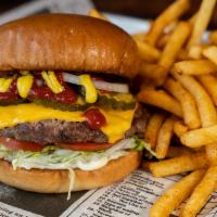 Cheeseburger · American Cheese, Lettuce, Tomato, Pickles, Onion, Ketchup, Mustard, Mayo