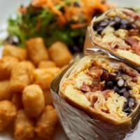 Breakfast Burrito · Scrambled egg, potatoes, bacon, rice, beans, and cheddar cheese, wrapped in flour tortilla. ...