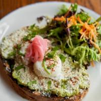 Avocado Toast · Poached egg*, guacamole, cotija cheese, and crispy toast, served with greens.