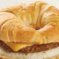 Sausage, Egg & Cheese · A buttery croissant with sausage, fried egg and cheese.