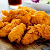 Chicken Tenders · 8 pieces of chicken tenders made with white chicken meat and fried to a golden color.