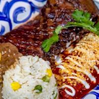 Tampiqueña Steak · Skirt steak served with a cheese-filled . enchilada covered in guajillo sauce, with . a side...