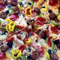 Supreme Pizza · Peperoni, onion, tomato, green peppers, garlic, black olive, bacon, ground beef.