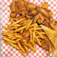 Fish Whiting (2), Shrimp (6) With Fries And Hush Puppies · Fish whiting (2 pcs), shrimp (6 pcs) with fries and hush puppies.