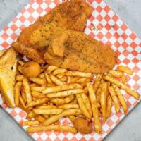 Catfish (2) With Fries And Hush Puppies · Catfish lightly breaded and fried to perfection. Served with fries and hush puppies.
