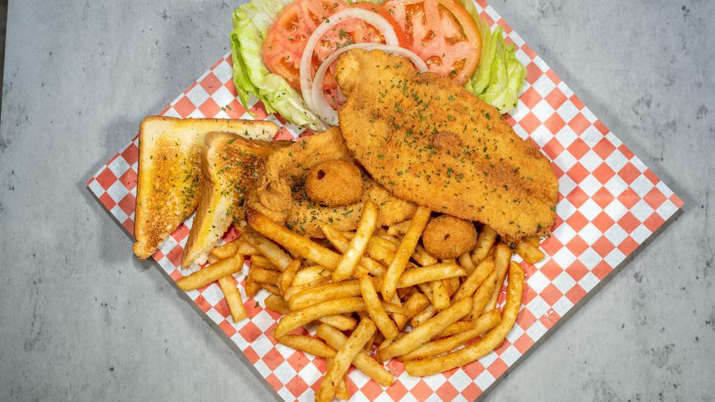 Swai (2) With Fries And Hush Puppies · Swai is a white-fleshed, neutral-flavored fish also known as basa and is similar to catfish. Lightly breaded and fried to a golden crisp. Served with fries and hush puppies.