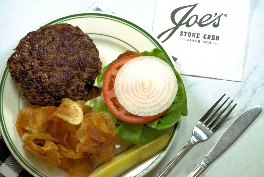 Burger · 12 oz patty served with lettuce, tomato and onion
Served with cottage chips and pickle on the side