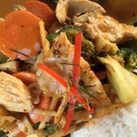 Red Curry · Spicy. Little spicy with bamboo shoots, bell peppers and basil leaves.