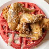 Chicken & Waffles · Fried chicken and waffle of your choice red velvet or plain.