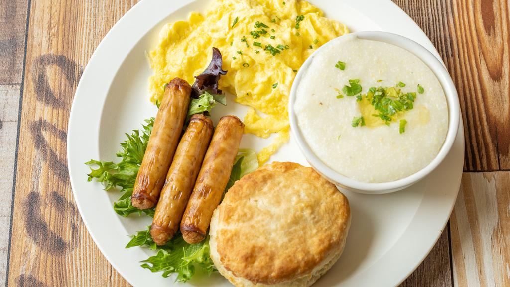 Classic Breakfast · Eggs, gritz or potatoes, bacon or sausage and buttermilk biscuit.